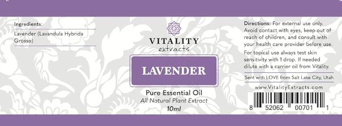 Vitality Extracts Lavender Essential Oil - Natural Calm, Stress Relief, Skin Care, Rest & Relaxation, Fresh Scent, Undiluted