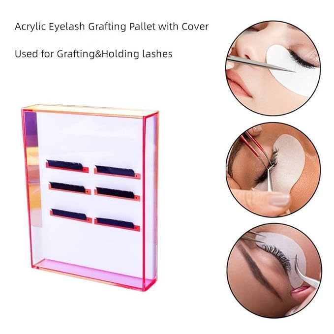 Eyelash Grafting Pallet with Cover, Dust-proof Acrylic Lash Tile holder, Dazzling Eyelash Extensions Storage Gasket Pads with Suction for Tweezers (Transparent Pink L)