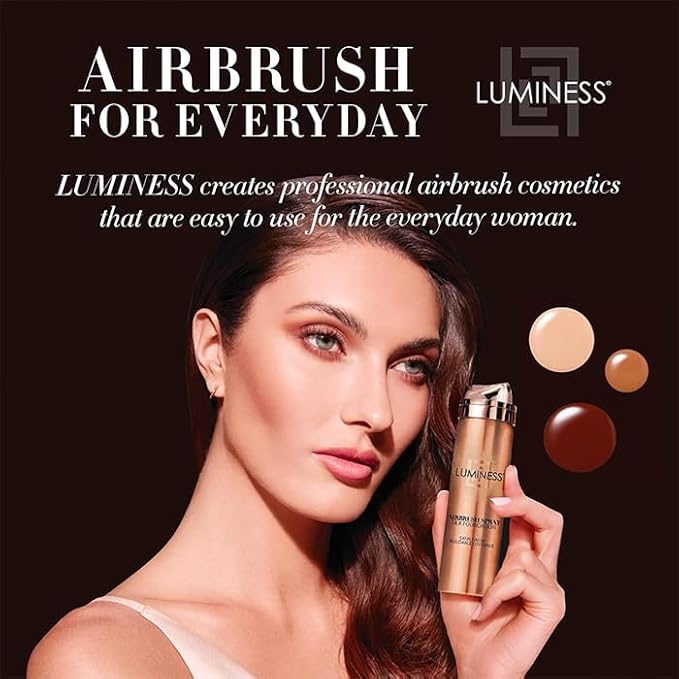 LUMINESS Silk Airbrush Spray Foundation & Buffing Brush Kit – Full Coverage Foundation & Dual-Sided Buffing Brush - Buildable Coverage, Anti-Aging Formula Hydrates & Moisturizes (Shade - Warm)