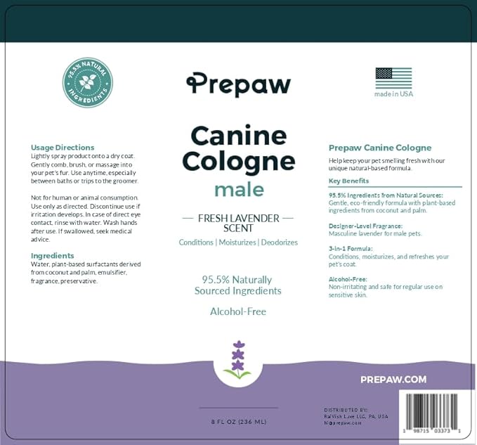 Luxury Male Pet Cologne - Fresh Lavender Scent, 3-in-1 Formula Conditions & Moisturizes, Made with 94% Natural Ingredients, Long Lasting Fragrance, Safe & Easy to Use | 8 fl oz