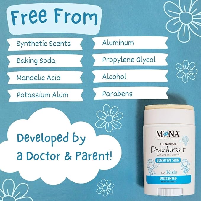 MONA UNSCENTED 100% Natural Deodorant for Kids, Preteens & Teens | Hypoallergenic & Vegan | No Baking Soda, Synthetic Scents or Aluminum | Safe for Kids with Sensitive Skin | (UNSCENTED 1.76 Oz)