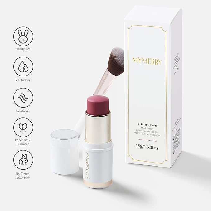 Blush Stick, Cream Blush for Cheeks and Lip Tint, Dewy Finish, Buildable & Blendable Color, Lightweight & Long-Lasting Formula| Rosemary-Mauve & Angled Blush Brush(0.53fl.oz)