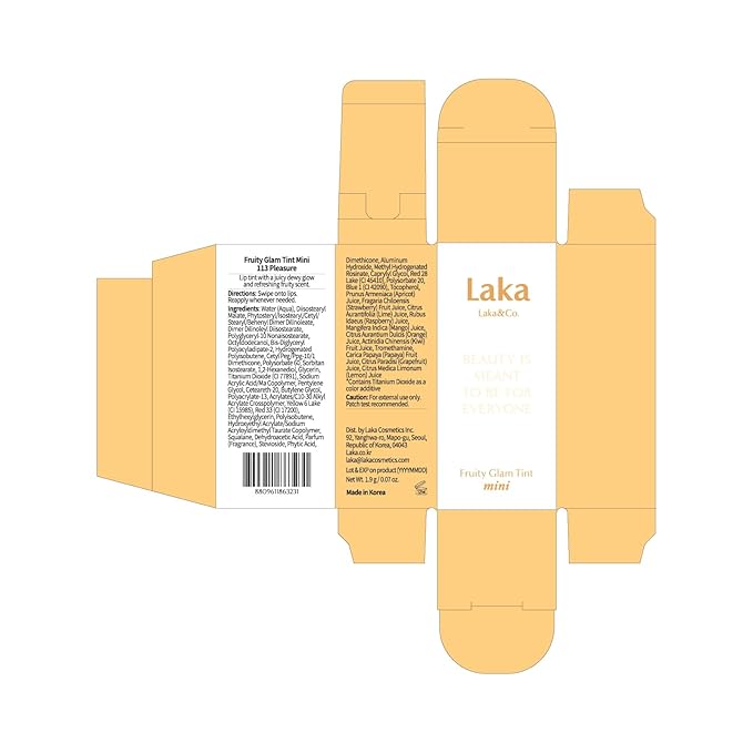 Laka Fruity Glam Lip Tint Mini, Glowing Lip Stain with Wide Color Spectrum, Hydrating & Lightweight Texture, Long-Lasting Bold Stain, Non-Sticky, Vegan, K-Beauty (#113 Pleasure)