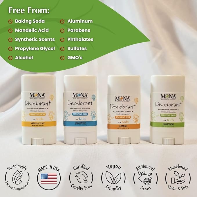 MONA Brands TRAVEL SIZE Deodorant for Kids | 100% Natural Kids Deodorants For Girls, Boys, Pre-Teens & Teens | Hypoallergenic (4-PK Travel Size Combo (0.53 Oz each))