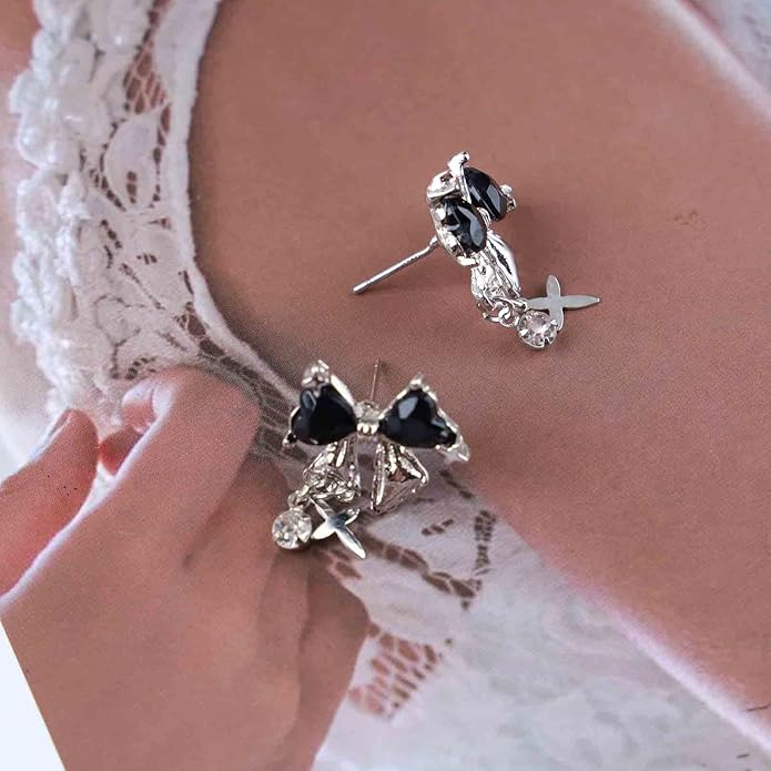 Vintage Crystal Bow Earrings Black Onyx Stud Earrings Silver Tiny Cross Drop Earrings Sparkly Cz Rhinestone Bow Earrings Jewelry for Women