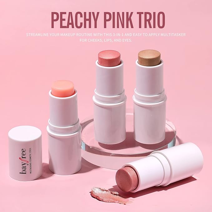 KIMUSE Multi Stick Trio Face Makeup, Cream Blush Stick for Cheeks & Lips, Moisturizer & Contour Makeup Sticks for All Skin,PEACHY PINK