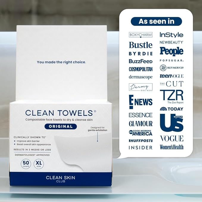 Clean Skin Club Clean Towels XL, USDA Certified 100% Biobased Dermatologist Approved Disposable Face Towelette, Facial Washcloth, Makeup Remover Dry Wipes, Ultra Soft, 150 count, 3 pack