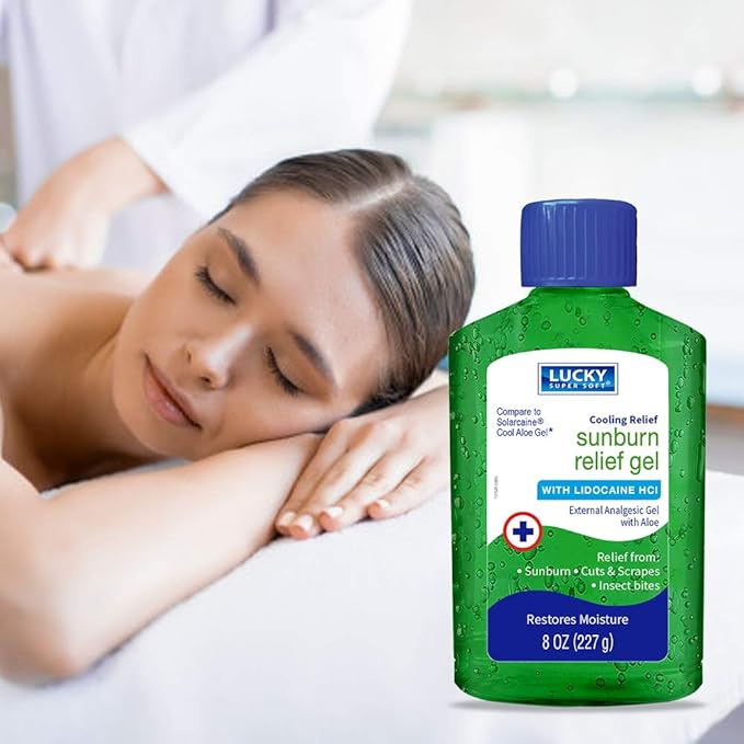 Lucky Super Soft Sunburn Relief Gel. Pain, Redness and Itch Treatment. With Aloe Vera and Lidocaine. 8 Ounce / 227 grams