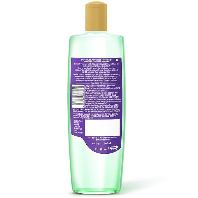 Parachute Advansed Rosemary Hair Oil with Coconut| For 2x Longer & Thicker Hair| Reduces Hairfall & Strengthens Hair| All Hair Types|No Parabens & Silicones| 10.1 Fl.oz.