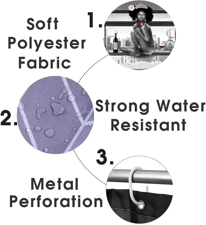 4PCS Sexy Black Girl Shower Curtain Set, Romantic Pink Floral High Heels Bubble Red Wine Afro Lady African American Woman Inspirational Quotes Bathroom Decor, Non-Slip Bath Rugs, Get Naked