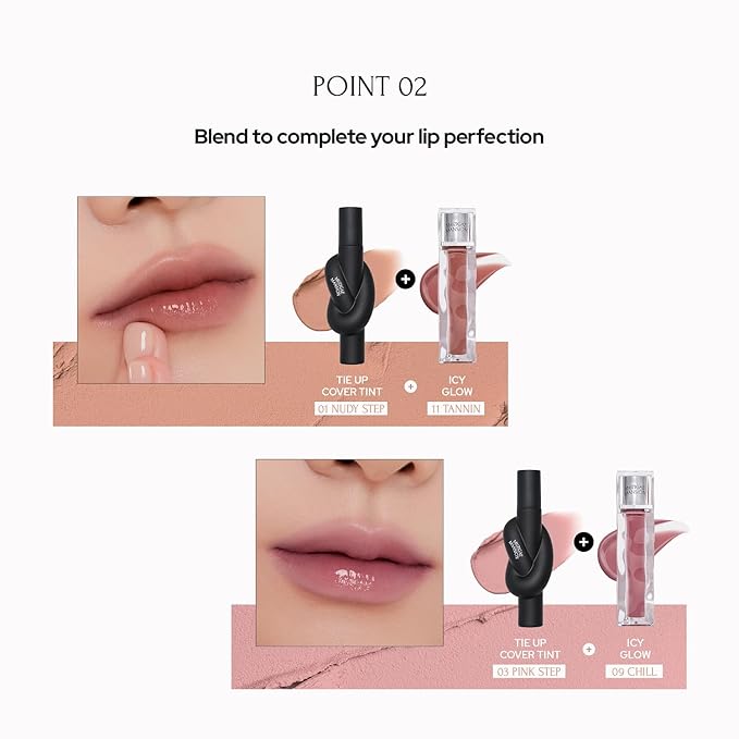 Tie Up Cover Tint - Waterproof & Long Lasting Lip Stain for Women - Korean Base Nude Tint Stick - Kbeauty Matte Gloss - Mood Color Changing (01 NUDY STEP, 0.2 Fl oz)