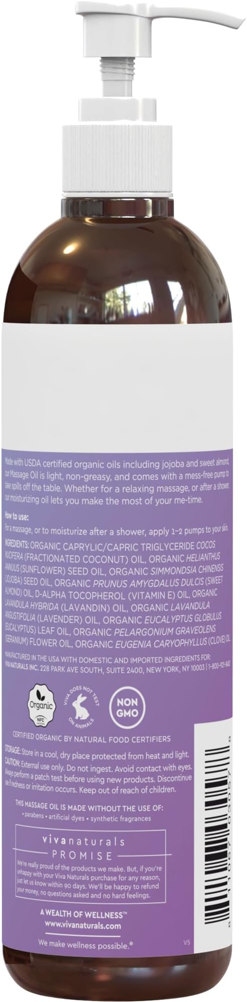Viva Naturals Organic Massage Oil (8 fl. oz.) - Lavender Scented Non-Greasy Body Massage Oil with Mess-Free Pump, Moisturizing Massage Oils for Massage Therapy, Non-GMO and Certified Organic, 237 mL