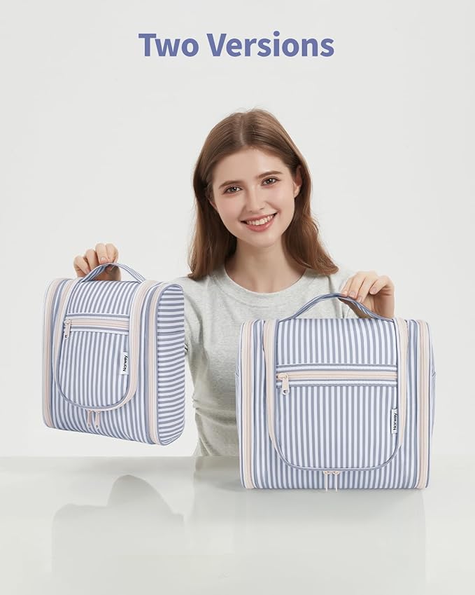 Narwey Striped Hanging Travel Toiletry Bag for Women, Travel Bag for Toiletries, Makeup Bag Organizer Cosmetic Bags Make Up Bags for Women (Greyish Blue Stripe)