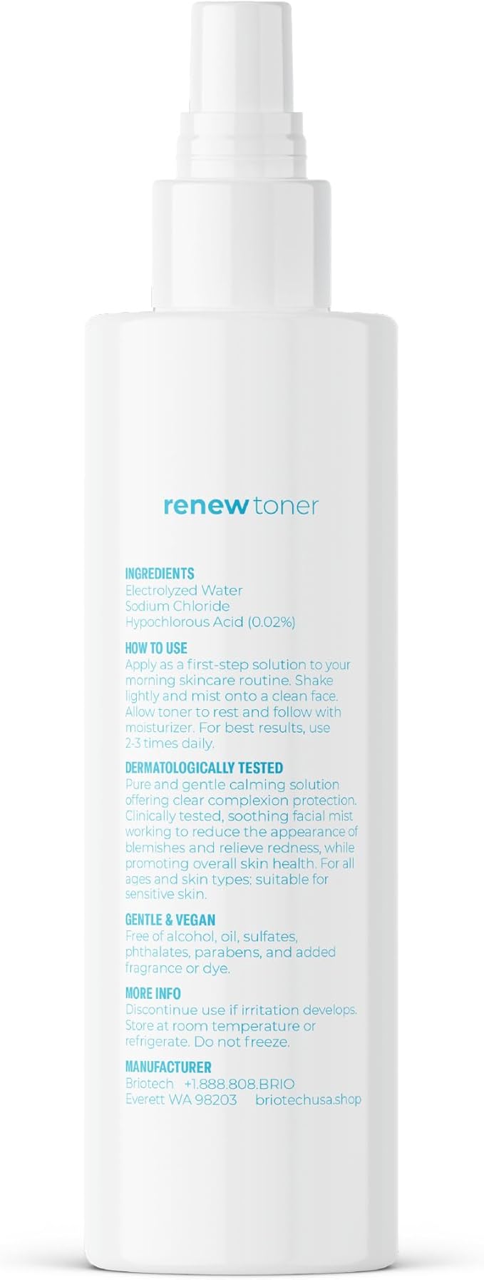 BRIOTECH Skin Renew Toner, Hypochlorous Acid Spray Topical Skin Spray for Face and Skin, Minimize Appearance of Blemishes, Soothing Mist for Redness & Bumps, 4 fl oz ea, 4 ct