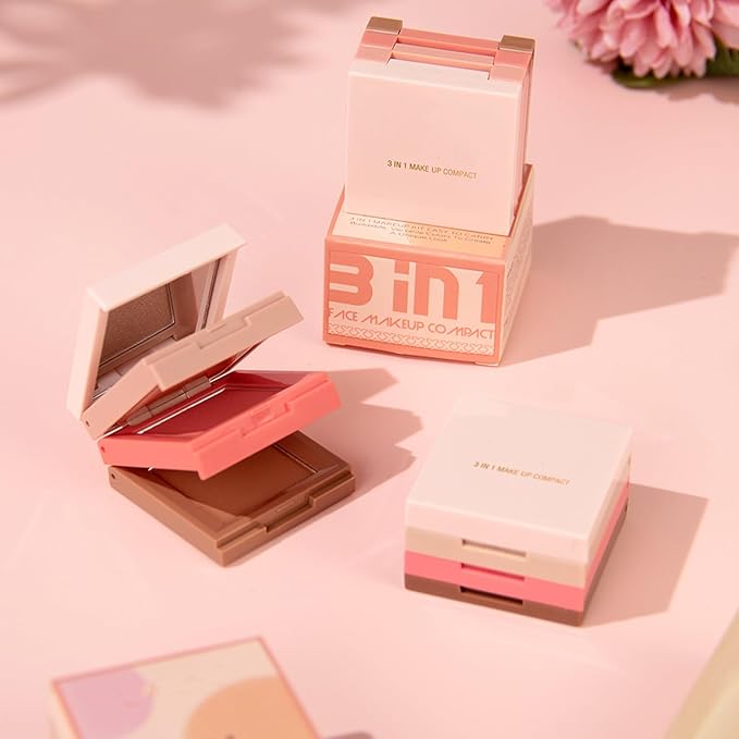 3 in 1 Contour Highlighter Blush Makeup Palette Kit, Matte Shimmer 3 Colors Highlighting Bronzing Blusher Eyeshadow Pallet, Long Lasting Full Face Eyes Contouring Shaping Makeup Set with Mirror