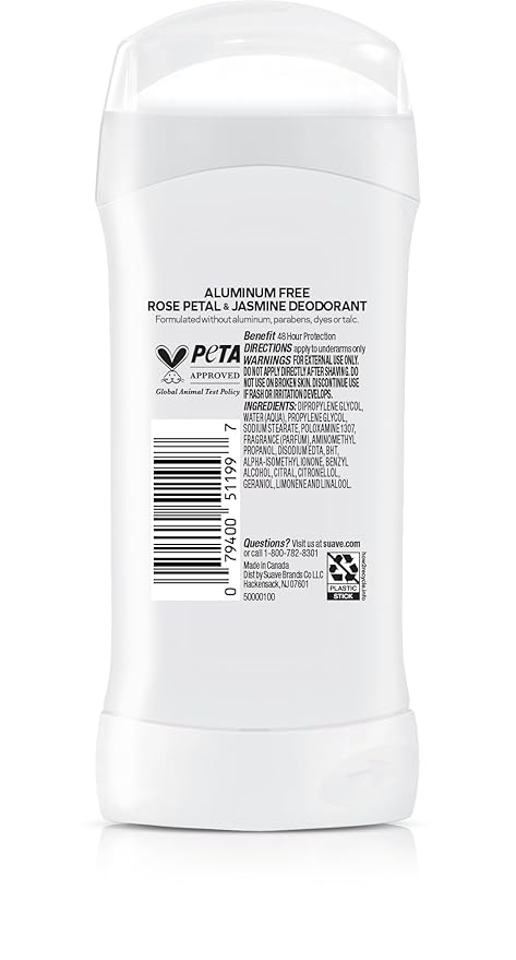 Suave Aluminum Free Deodorant for Women, Rose Petal and Jasmine, 48-Hour Odor Protection, Free of Talc, Parabens & Dyes 2.6 oz (Pack of 12)