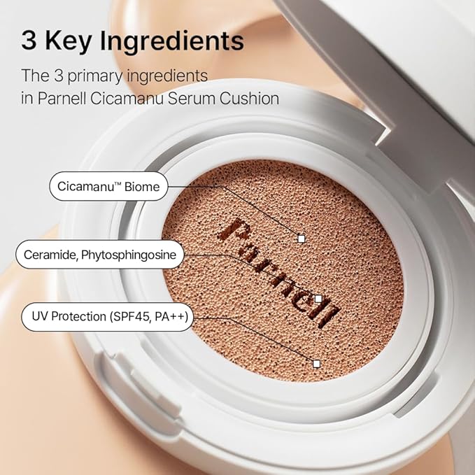 Parnell Cicamanu Serum Cushion - Moisturizing Foundation for Soothing, Coverage, Glass Skin and Lightweight for Sensitive and Dry Skin Pearl Skin (0.52 Fl Oz) (#24 Sand Beige)