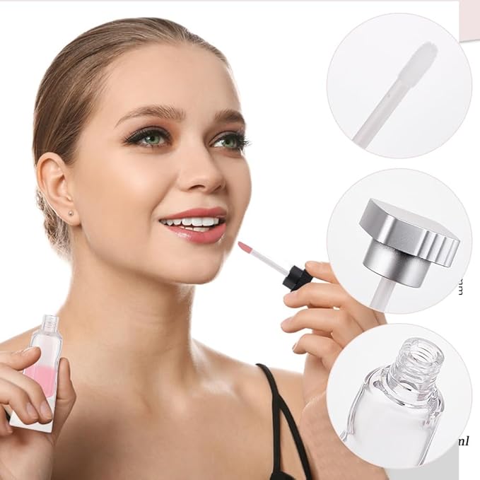 GORGECRAFT 4Pcs 4ml Lip Gloss Tubes Empty Refillable Soft Lipgloss Balm Tubes with Brush Glaze Container with Silver Black Square Lid Rubber Inserts Droppers Funnel for Travel Samples DIY Cosmetic