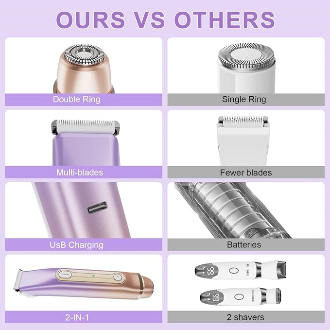 Bikini Trimmer for Women, 2-in-1 Electric Razor for Women, IPX6 Waterproof Wet & Dry Dermave Bikini Shaver, Rechargeable Pubic Hair Trimmer, Electric Shaver for Legs Body Face Hair