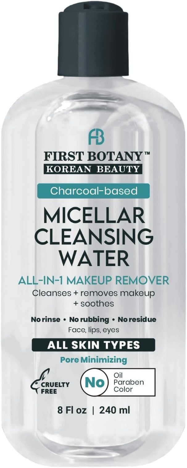 Korean Micellar Water Makeup Remover - Charcoal Hydrating Toner and Cleanser, Pore Cleansing,Oil-Free, Gentle for All Skin Types 8 oz,