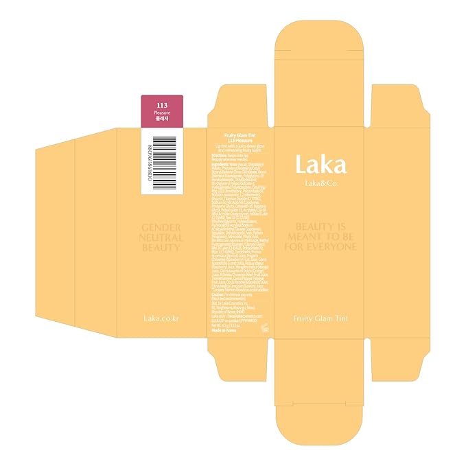Laka Fruity Glam Tint, 4.5g/0.15 oz., Glowing Lip Stain with Wide Color Spectrum, Hydrating & Lightweight Texture, Long-Lasting Bold Stain, Non-Sticky, Vegan, K-Beauty (#113 Pleasure)
