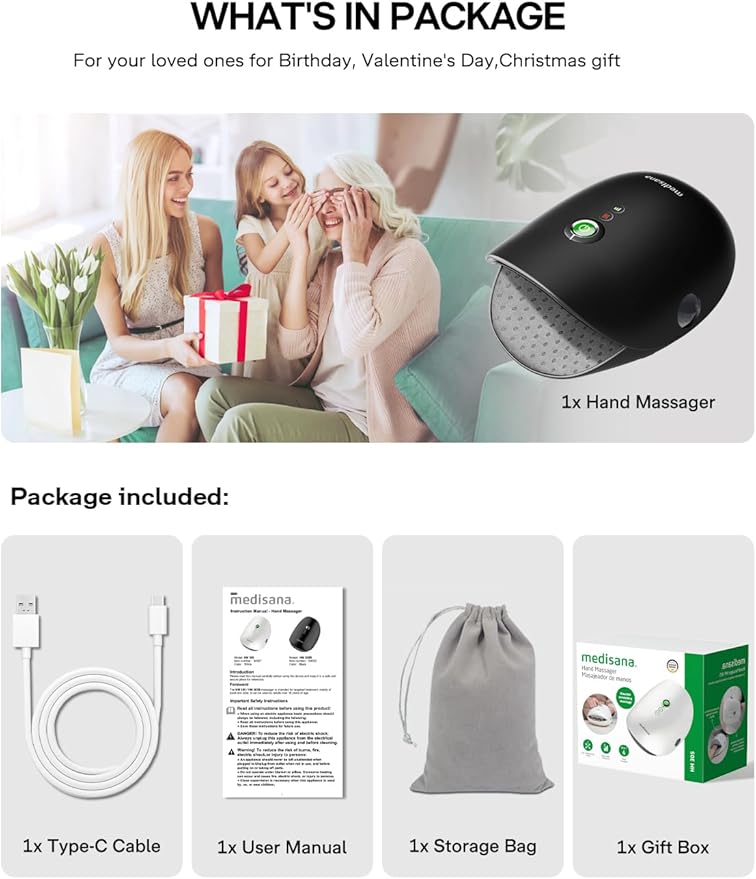 Medisana Hand Massager with Heat and Compression, Cordless Hand Massager for Arthritis and Carpal Tunnel Relief, Knuckle Stretching Massage, Birthday Christmas White Elephant Gifts for Adults-Black