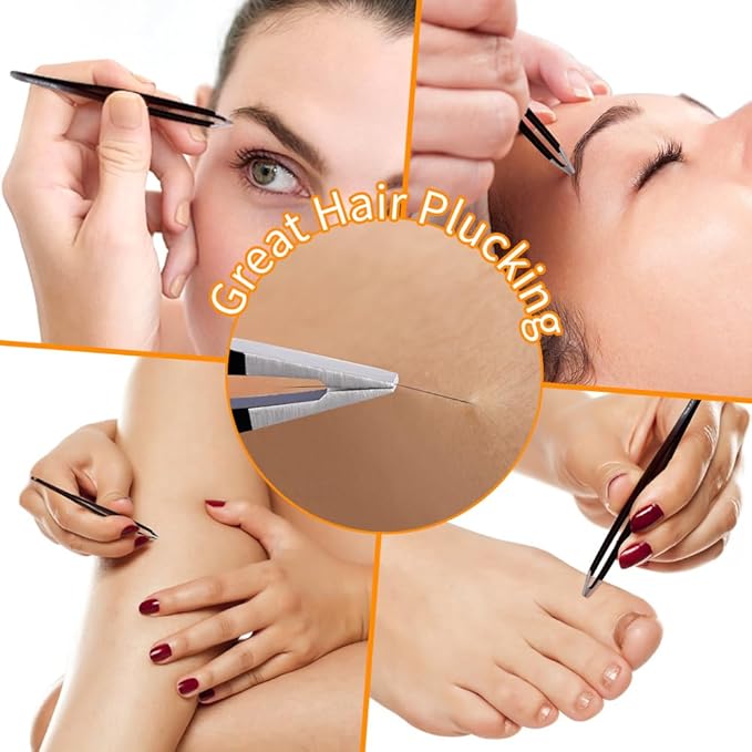 TsMADDTs Professional Stainless Steel Tweezers for Women and Men, 7 Pack Precision Tweezers for Eyebrows with Curved Scissor and Eyebrow Razor for Ingrown Hair