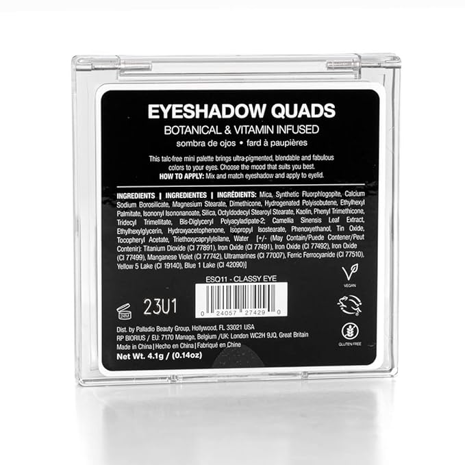 Palladio Eyeshadow Quads, Velvety Pigmented Blendable Matte, Metallic & Shimmer Finishes, Creamy Formula, Four Way Quad Eye Shadow Palette, Talc-Free (Classy)
