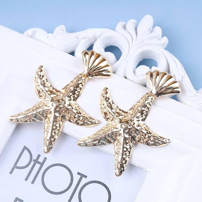 Vintage Starfish Dangle Earrings Starfish Drop Earrings Gold Metal Seashell Stud Earrings Hammered Starfish Earrings Jewelry for Women