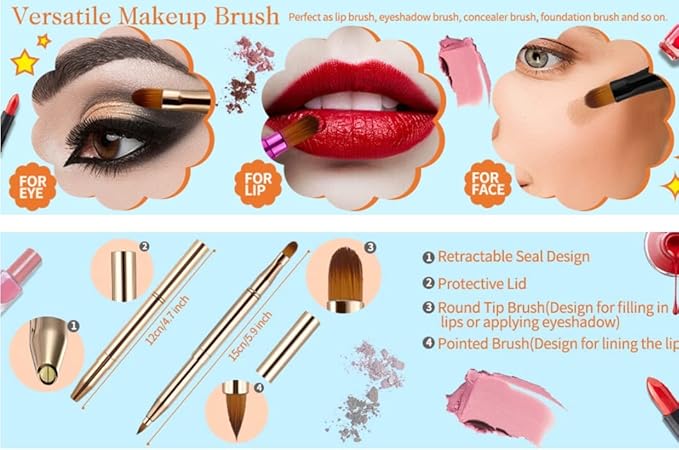 Retractable Eyebrow Eyelash Lip Brush Makeup Brush Double-Sided Soft With Cap Concealer Eyeliner For Travel Cosmetic Brushes, gold color