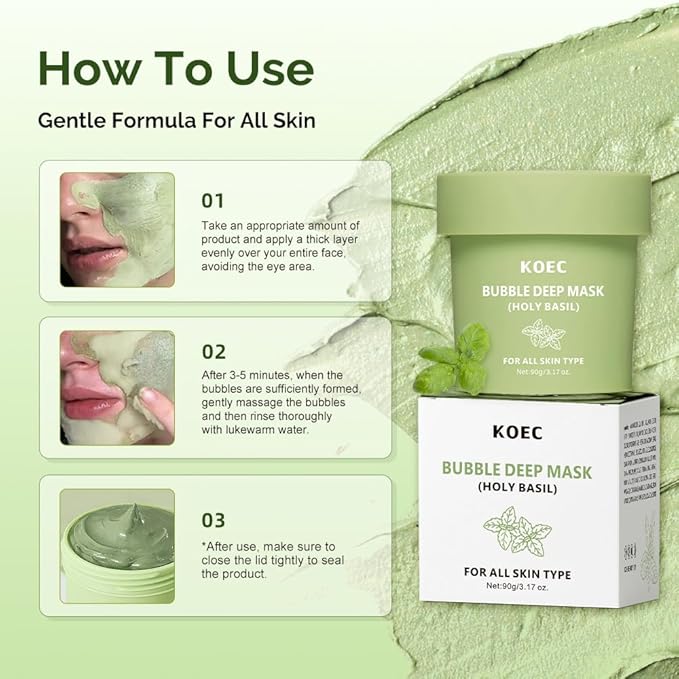 Holy Basil Deep Bubble Clay Mask for Pores and Blackheads, Wash-Off Pack, 3.17 oz (90g)