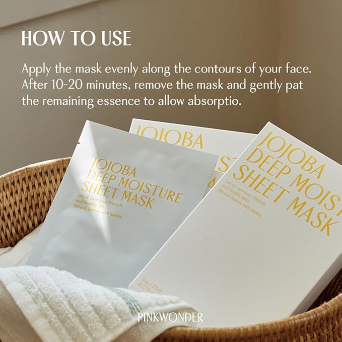 PINKWONDER Jojoba Deep Moisture Sheet Masks (5EA), Jojoba Oil and Hyaluronic Acid, Soothing for Dry and Sensitive Skin, Vegan Fabric, Korean Skincare