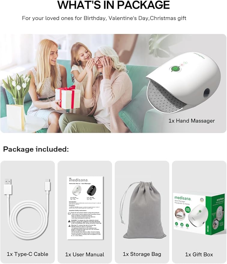 Medisana Hand Massager with Heat and Compression, Cordless Hand Massager for Arthritis and Carpal Tunnel Relief, Knuckle Stretching Massage, Birthday Christmas White Elephant Gifts for Adults-White