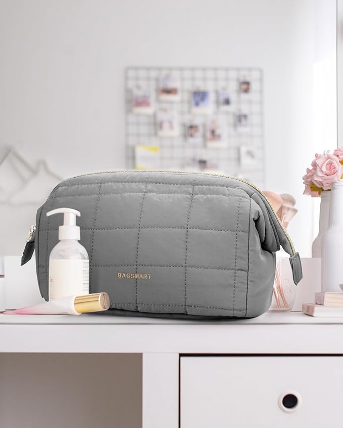 BAGSMART Makeup Bag Travel Toiletry Bag, Puffy Padded Make Up Bags for Women Makeup Organizer Case, Wide-open Pouch Purse Travel Essentials Toiletries Accessories Brushes, Gray