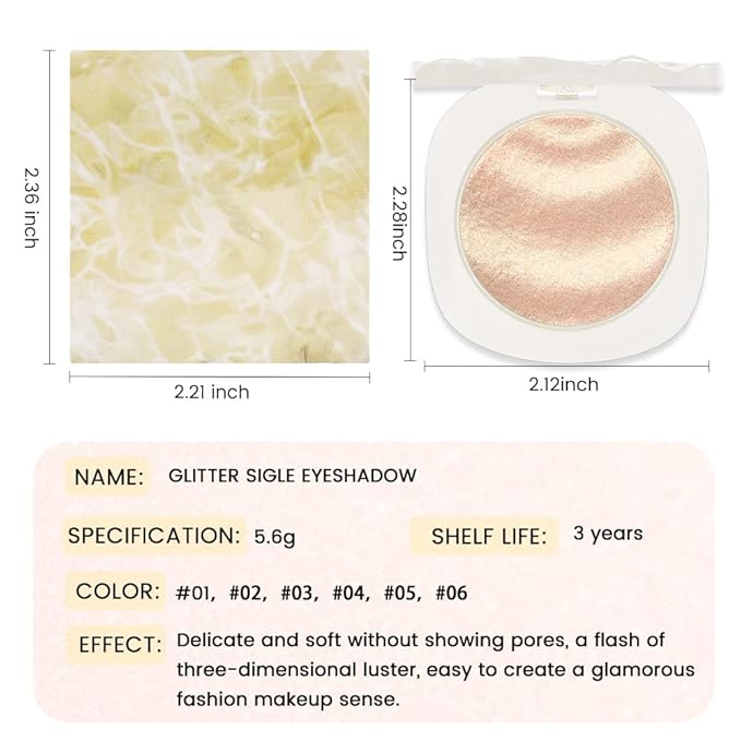 Low Saturation Delicate Long-Lasting Eyeshadow Palette, Monochrome Glitter Pressed Cream Single Vegan (10 Glittle Gold)