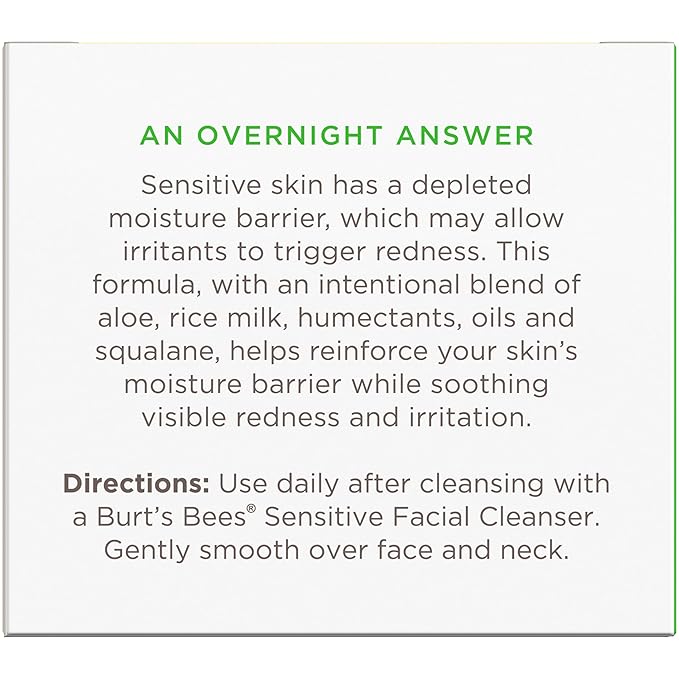 Burt's Bees Calming Night Cream, With Aloe and Rice Milk, Face Moisturizer For Sensitive Skin Infuses Skin With Moisture While You Sleep, 98.8 Percent Natural Origin, 1.8 oz. Tub