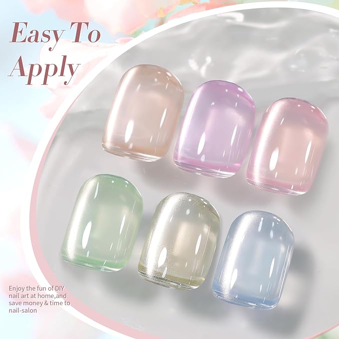 Born Pretty Pastel Magnetic Gel Nail Polish,Water Light Cat Magnetic Eye Gel Jelly Glass Crystal Nail Polish Glitter Shimmer Auroras Magnetic Gel Nail Art Manicure Kit 6PCS