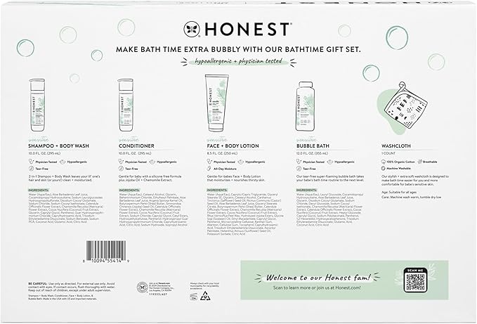 The Honest Company Fragrance Free Bathtime Gift Set | Hypoallergenic Bath Essentials for Sensitive Skin | Shampoo + Body Wash, Face + Body Lotion, Bubble Bath, Conditioner, Wash Cloth