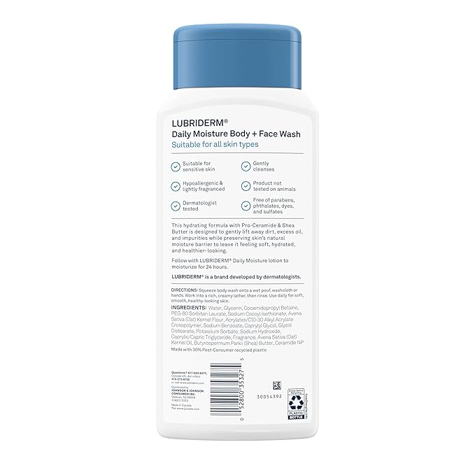 Lubriderm Daily Moisture Body + Face Wash, Hydrating Body Wash + Moisturizing Facial Cleanser with Pro-Ceramide & Shea Butter to Gently Cleanse, Light Fragrance & Hypoallergenic, 16 fl. oz