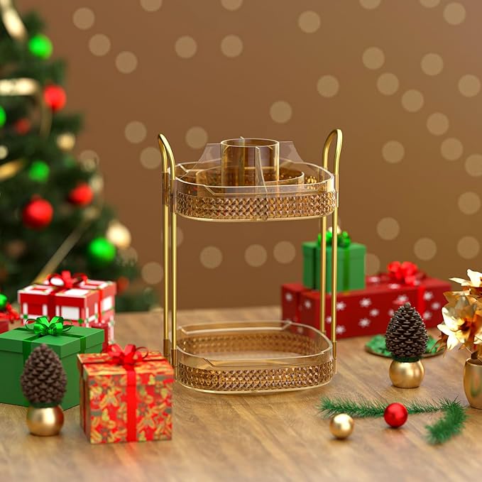 Awenia Rotating Makeup Organizer 360, Stackable Adjustable Large Capacity Cosmetic Storage Unit,Dresser Bathroom Kitchen Countertop Organizer with Metal Handle, Plus Size (Honorable Gold, 2 Tier)