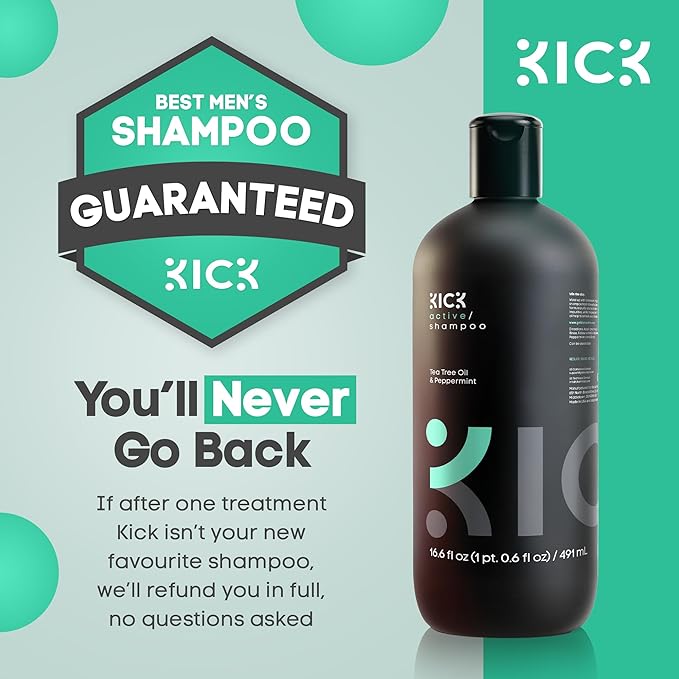 Kick Mens Shampoo - Peppermint & Tea Tree for Oil Control - Sulfate-Free, Refreshing Formula - Anti-Dandruff and Scalp Soothing - Shampoo for Oily Hair - Cruelty-Free - 16.6oz