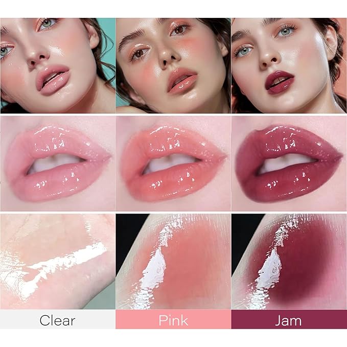 3 Colors Glow Lip Oil Tinted, Nourishing Tinted Lip Glow Oil For A High-shine Finish, Moisturizing Fat Oil for Dry Lip, Shiny and Vegan Tinted Lip Oil (Clear+Jam+Pink)
