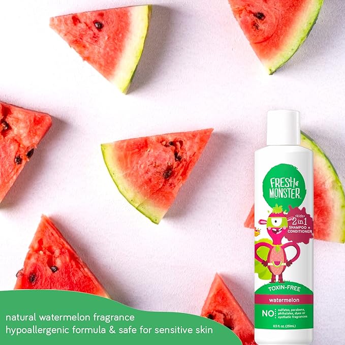 Fresh Monster 2-in-1 Kids Shampoo & Conditioner, Toxin-Free, Hypoallergenic, Tear-free Shampoo & Conditioner for Kids, Watermelon (2 Pack, 8.5oz/each)