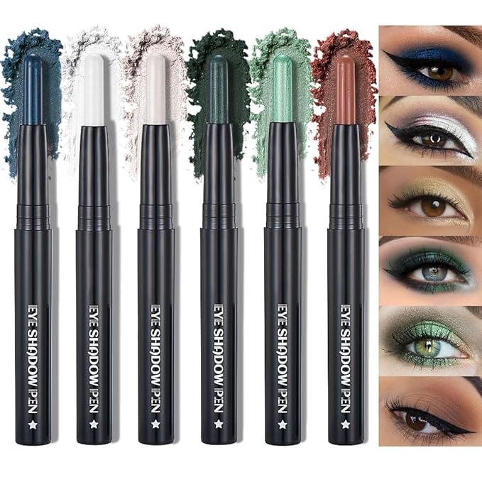 6Pcs Cream Eyeshadow Sticks Set, Champagne Pearl Brown Cocoa Stone Green Sliver Shimmer Matte Waterproof Eye Brightener Stick Palette for Eye Makeup 02 (6Pcs-02)