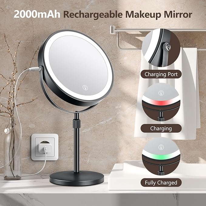10x Large Lighted Makeup Mirror, Rechargeable 8" Height Adjustable Vanity Mirror, 1x/10x Magnifying Mirror with 3 Color, Brightness Adjustable, 360° Rotation Double Sided Mirror, Gift for Her(Black)