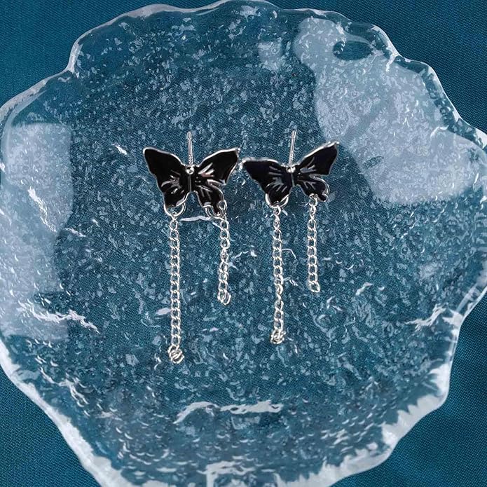 Vintage Butterfly Stud Earrings Silver Chain Tassel Dangle Earrings Black Butterfly Earrings Layer Chain Drop Earrings Jewelry for Women