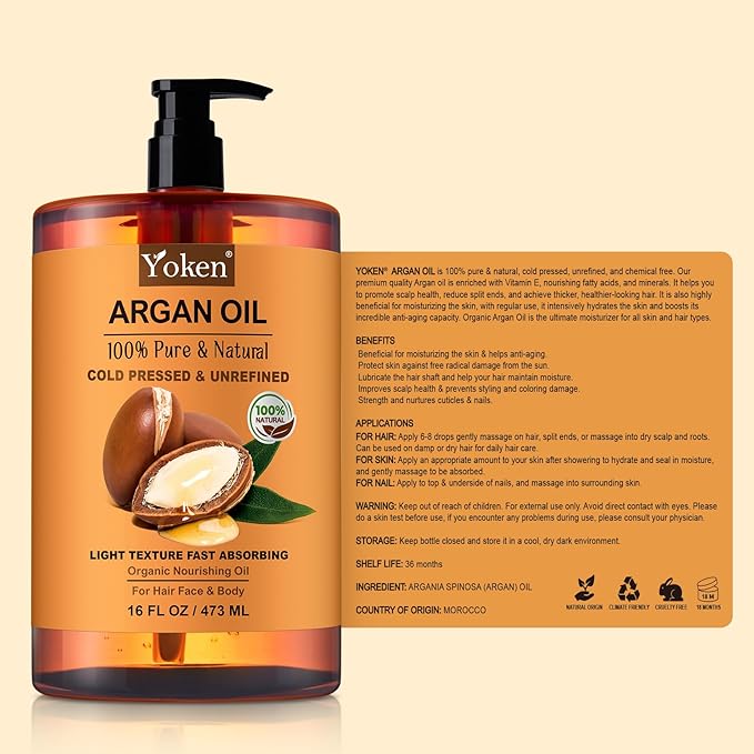 Yoken Argan Oil for Hair, Pure and Natural Morocco Argan Oil, Argon Oil For Hair, Scalp, Face & Skin Care, 100% Cold Pressed Hair Conditioner, Unrefined Argon Nails Carrier Oil (16 Fl Oz)