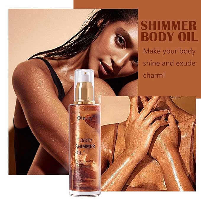 Shimmer Body Oil, Highlighter Makeup Smooth Glitter Glow Liquid Foundation for Face & Body,Liquid Illuminator Body Shimmer Lotion for Women (2# Rose Gold)