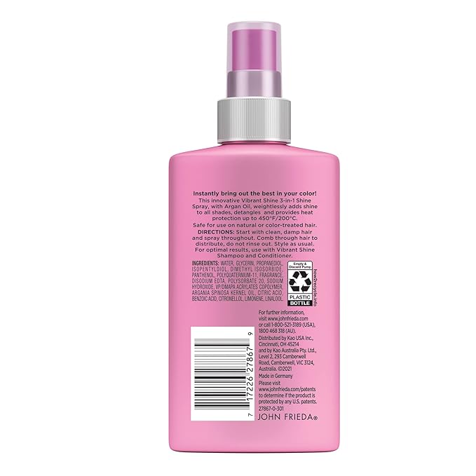 John Frieda Vibrant Shine 3 in 1 Spray, Detangles Hair, and Heat Protects, Infused with Rosehip Oil to Boost Shine for Radiant, Glossy Hair Across All Shades, Styles, & Textures, 5 Oz