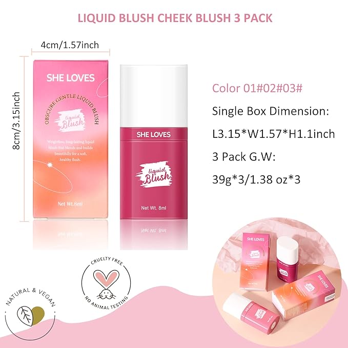 Liquid Blush Make up,Cream Blush for Cheeks,Natural Looking,Lightweight,Breathable Oz (01#02#03#)